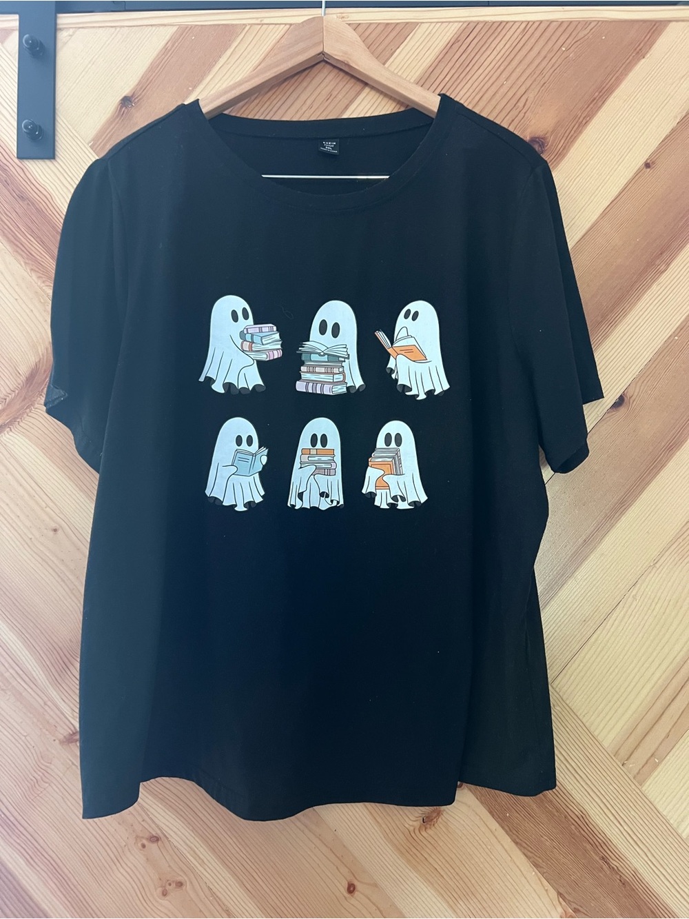 SHEIN Black Tee with Reading Ghosts Graphic
